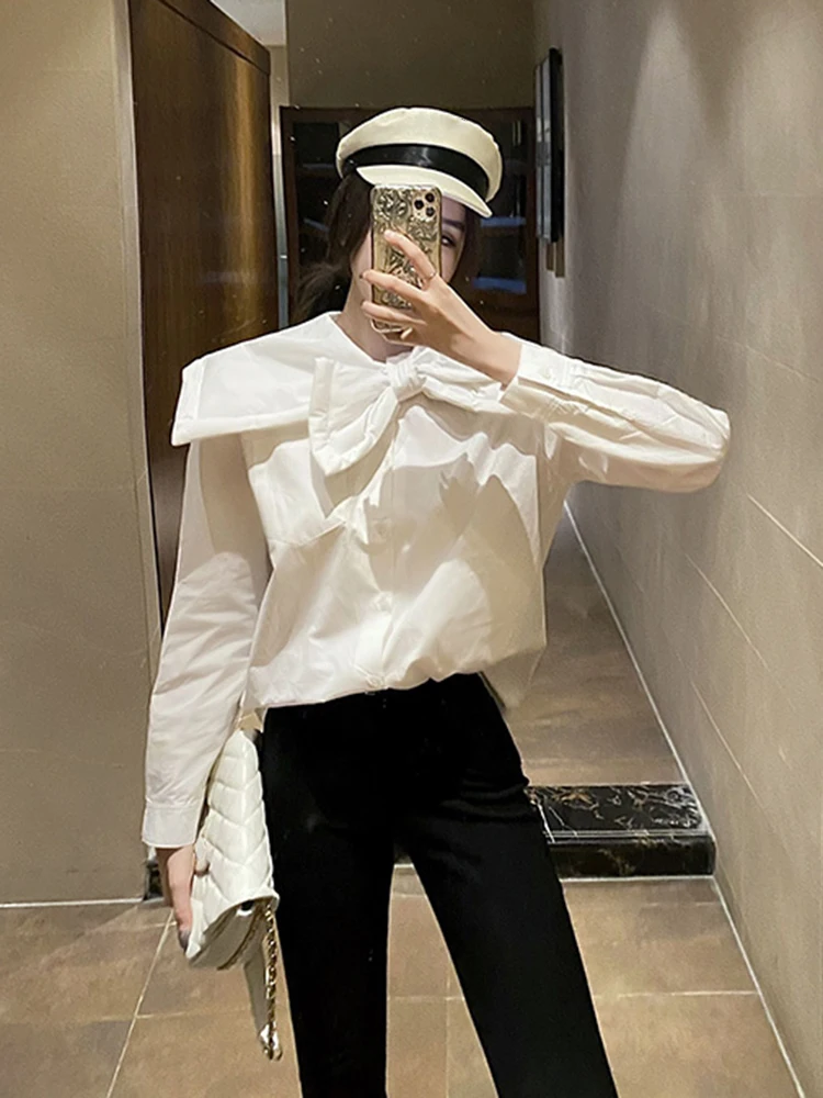 TWOTWINSTYLE Patchwork Bow Shirts For Women Lapel Long Sleeve Single Breasted Casual Loose Blouse Femlae Fashion Style Clothing