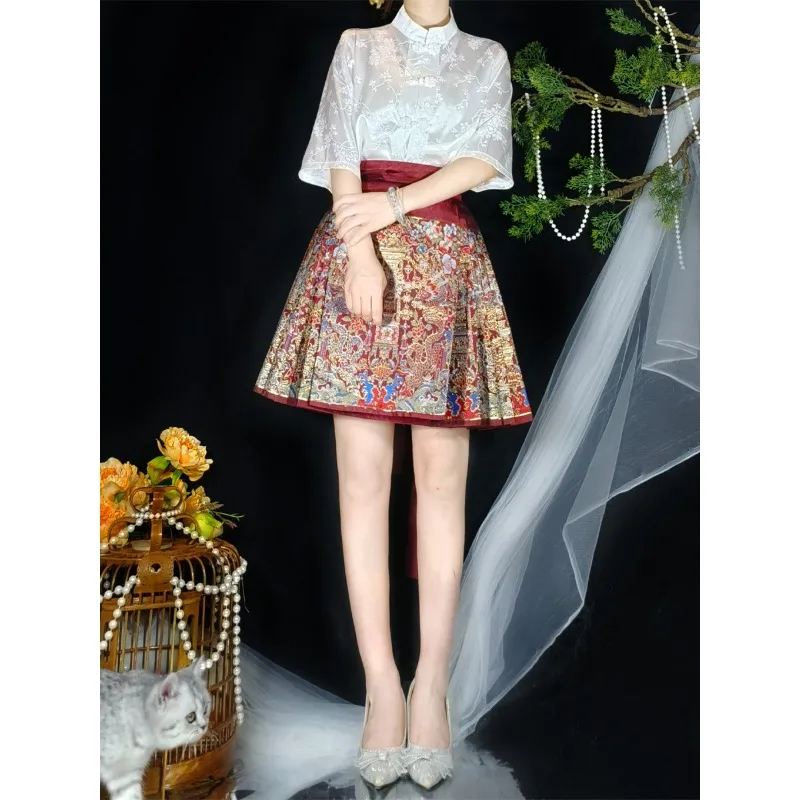 

Horse Dress Short Skirt Improved Daily Red Makeup New Chinese Short Horse Face Weaving Gold Ming Han Elements