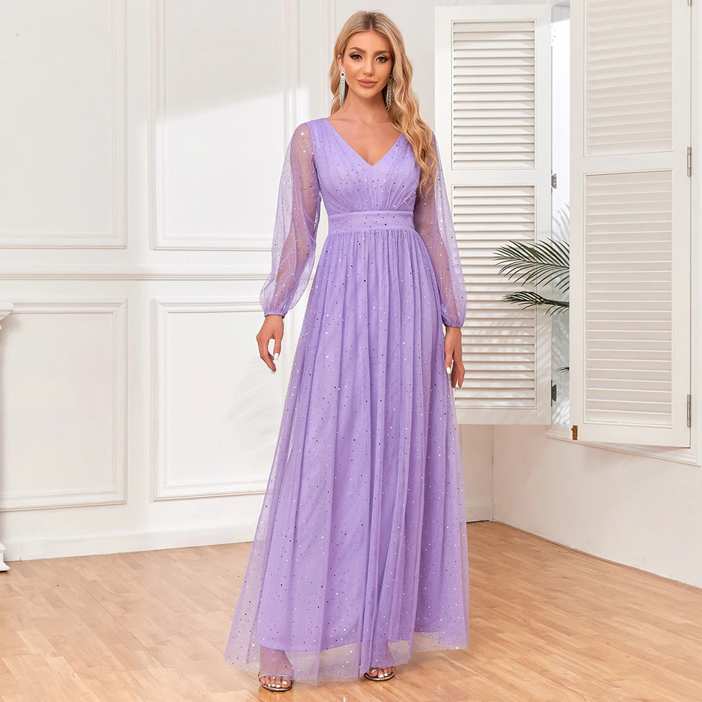 Lavanda vestido de noche de línea A con mangas completas para mujer, cuello en V, longitud hasta el suelo, tul ostentoso, vestidos de graduación para fiesta de boda, barato, venta al por mayor