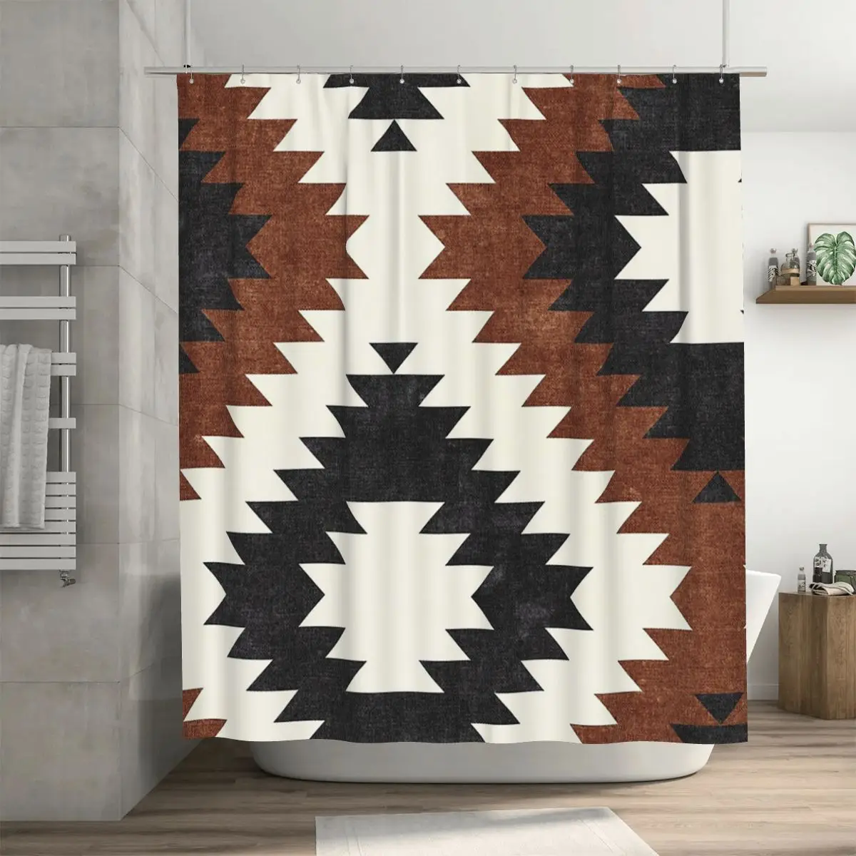 Aztec Neutrals - Inkwell & Brandywine Shower Curtain Bathroom Polyester Waterproof Bath Curtains with Hooks