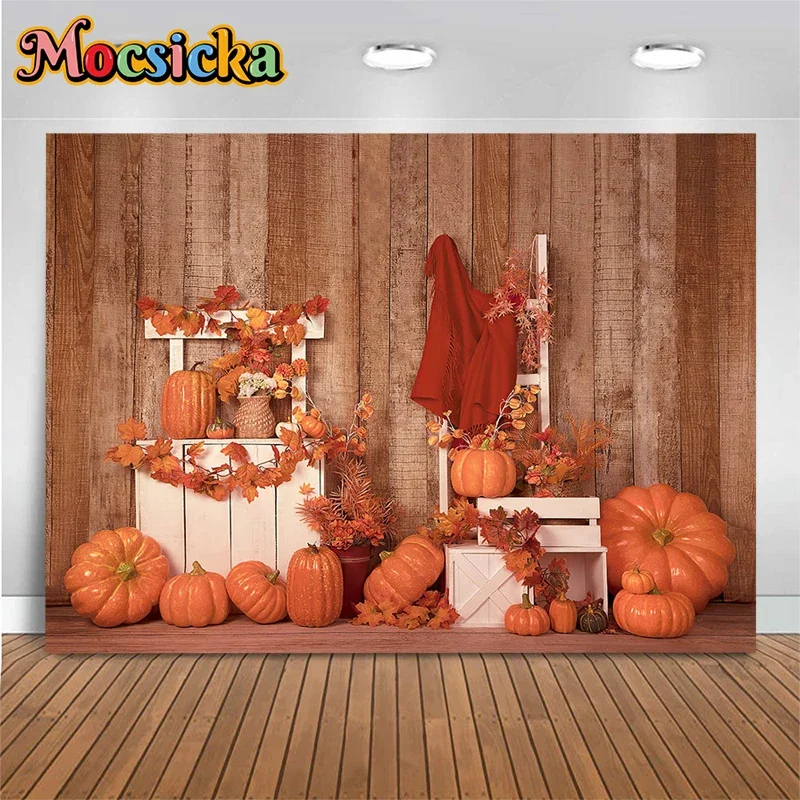 Mocsicka Autumn Decoration Photography Background Vintage Wooden Walls Harvest Pumpkin Fallen Leaves Backdrops Studio Photobooth