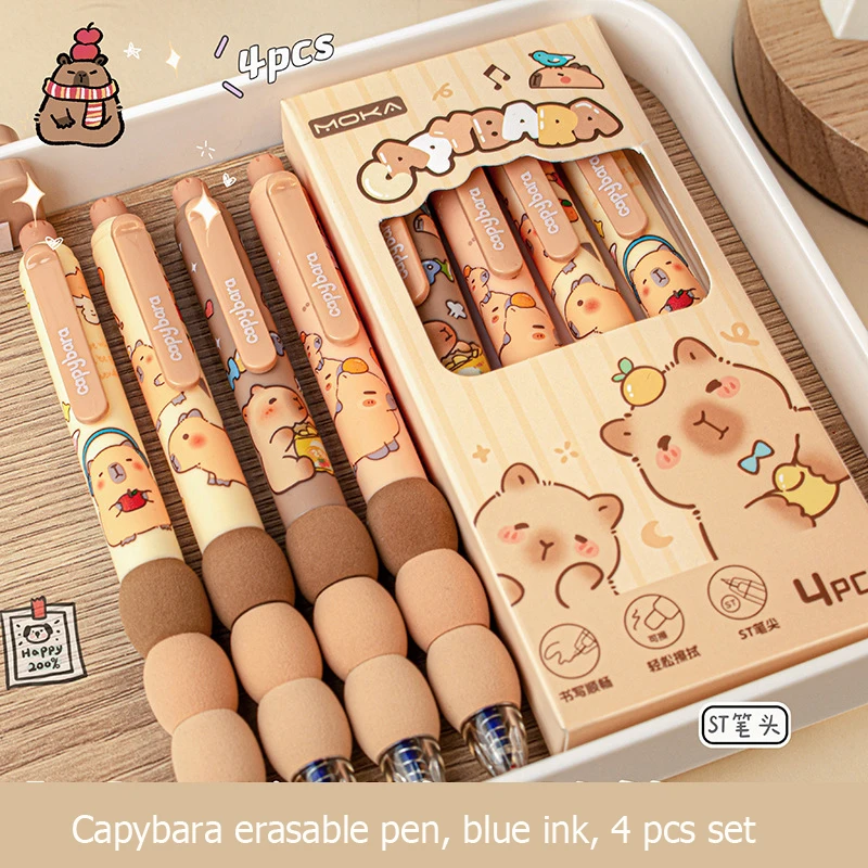 4pcs Kawaii Capybara Erasable Pen Blue Ink Soft Pen Grip Writing Smooth Elegant Pens Office Accessories Aesthetic Stationery