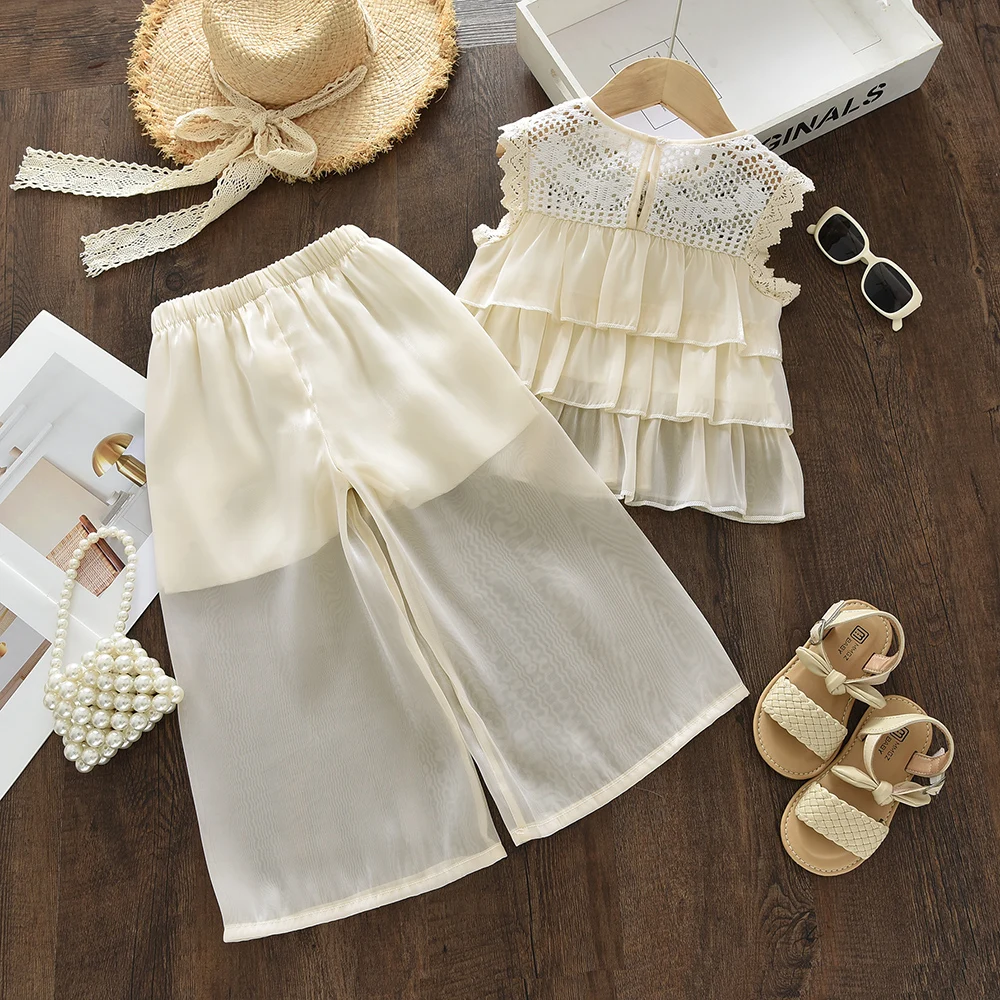 Korean Beige Summer New Casual Suit with Multi-layer Lace Hollow Pattern Vest Top and Pants Two-piece Set for Girls Aged 3-7