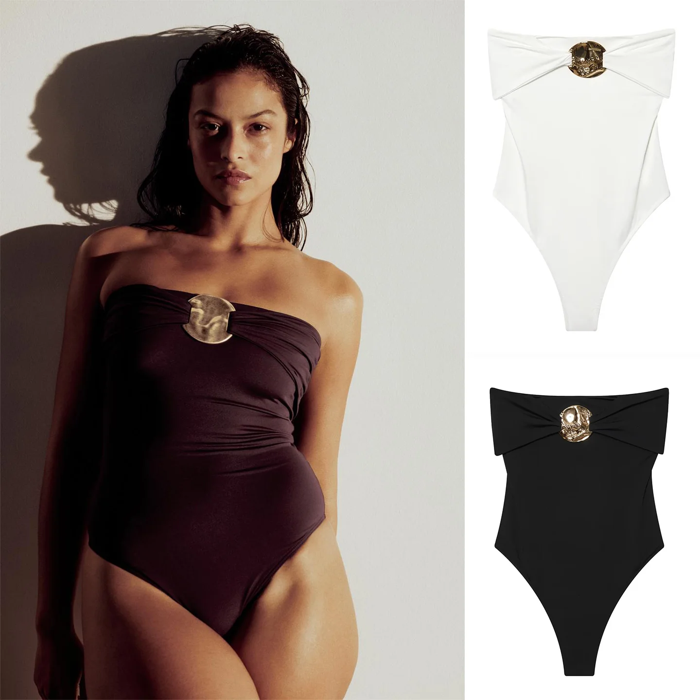 

Spring New Women's Wrap Sle Swimsuit Metal Collar Pleated Holiday Faion mid Waist ort Pants Polyester Fiber 067004