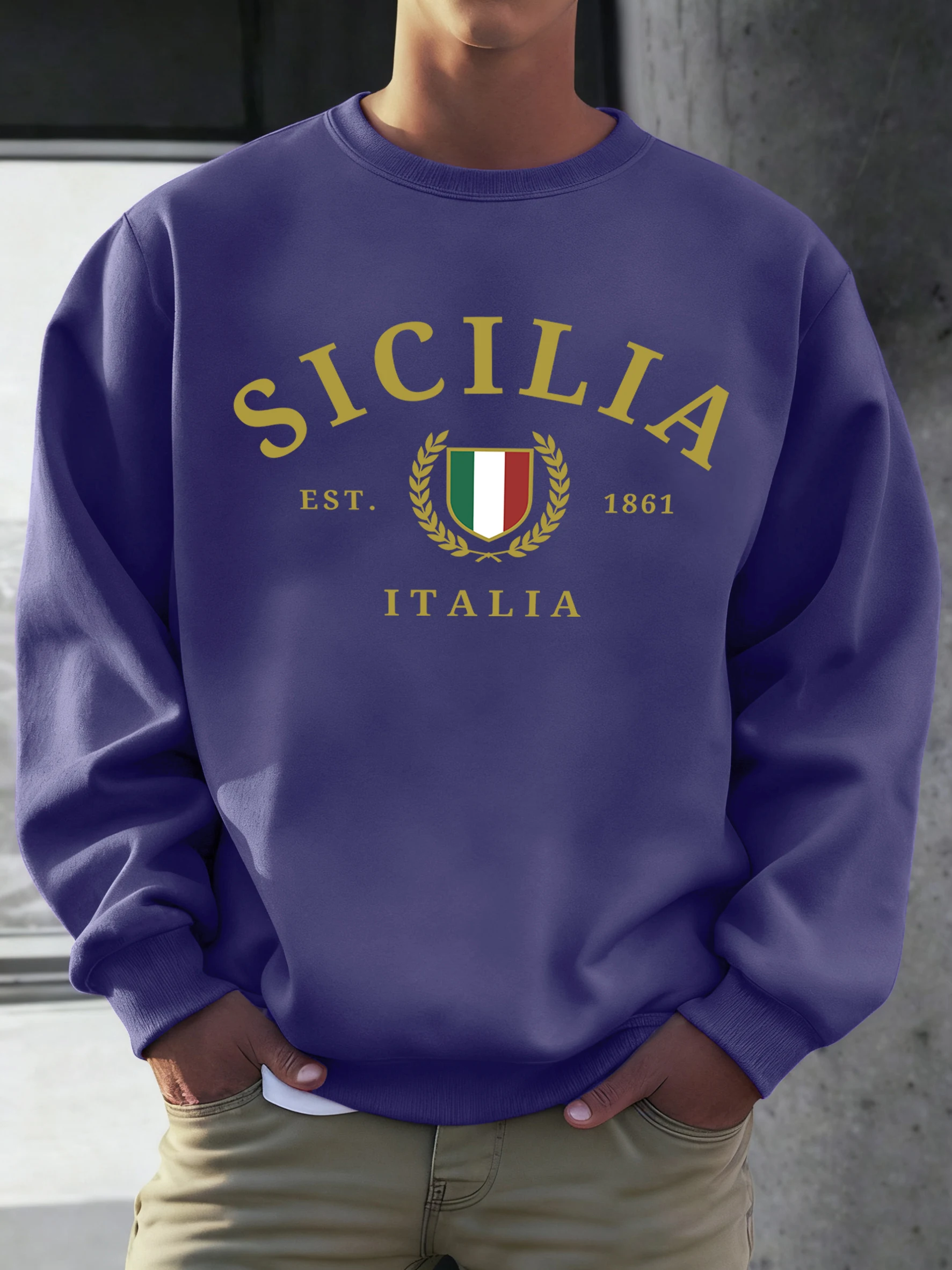 

Sicilia Italia Flag Est.1861 Толстовка с принтом Мужская осенняя флисовая мягкая универсальная пуловер с длинными рукавами и круглым вырезом Винтажная свободная одежда