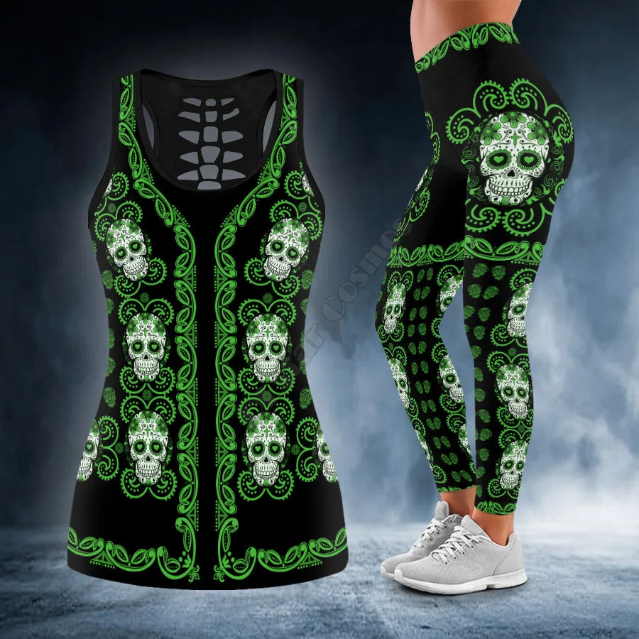 

Green Pattern Skull 3D Printed Tank Top+Legging Combo Outfit Yoga Fitness Soft Legging Summer Women For Girl