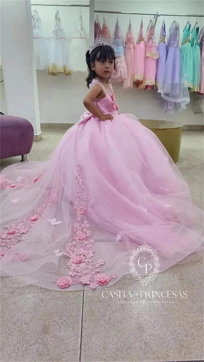 Customized Light Pink Flower Girl Dresses For Wedding 3D Flowers With Long Tailing Quinceanera Princess First Communion Gown