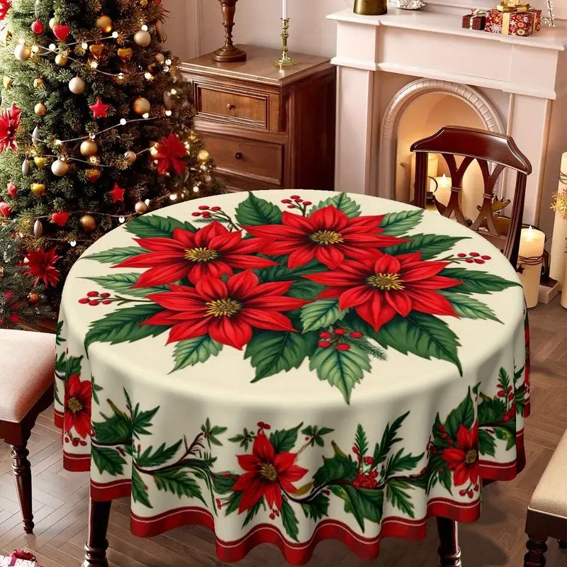 VIKAMA Poinsettia Flower Round Tablecloth Cream Red Green Berry Xmas Holiday Party Dining Round Table Cover Christmas Decor