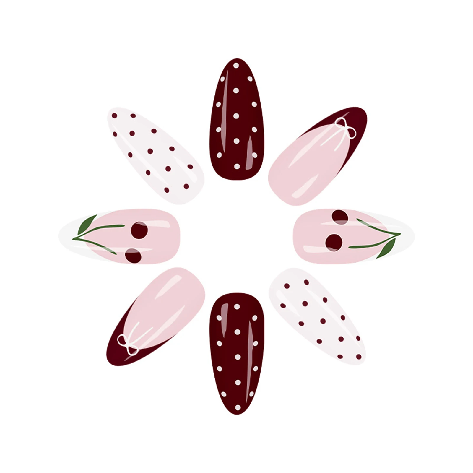 Faux ongles en forme d'amande rouge vin, 24 pièces, avec motifs à pois/nœud papillon/cerise, à pression française, pour femmes et filles, manucure à breloques du nouvel an