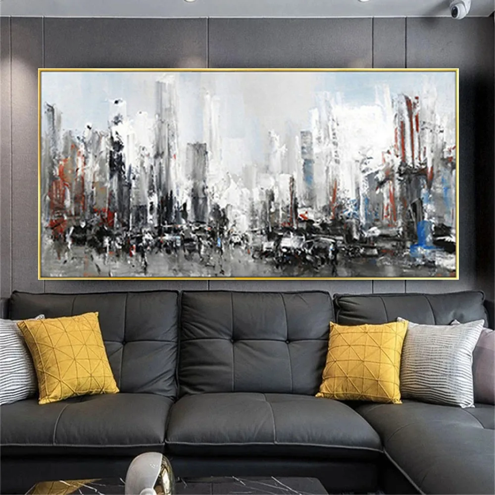 

100% Hand-Painted Oil Painting Abstract City Black And White Gray Texture Outline Map Wall Art Decor Pictures Decorate Home Room