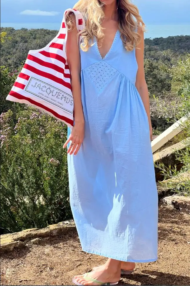 Women Comfortable Casual Vintage Cotton Robe Dress Summer Solid Color V Neck Pullover Sleeveless Gown Hot Sale S M L