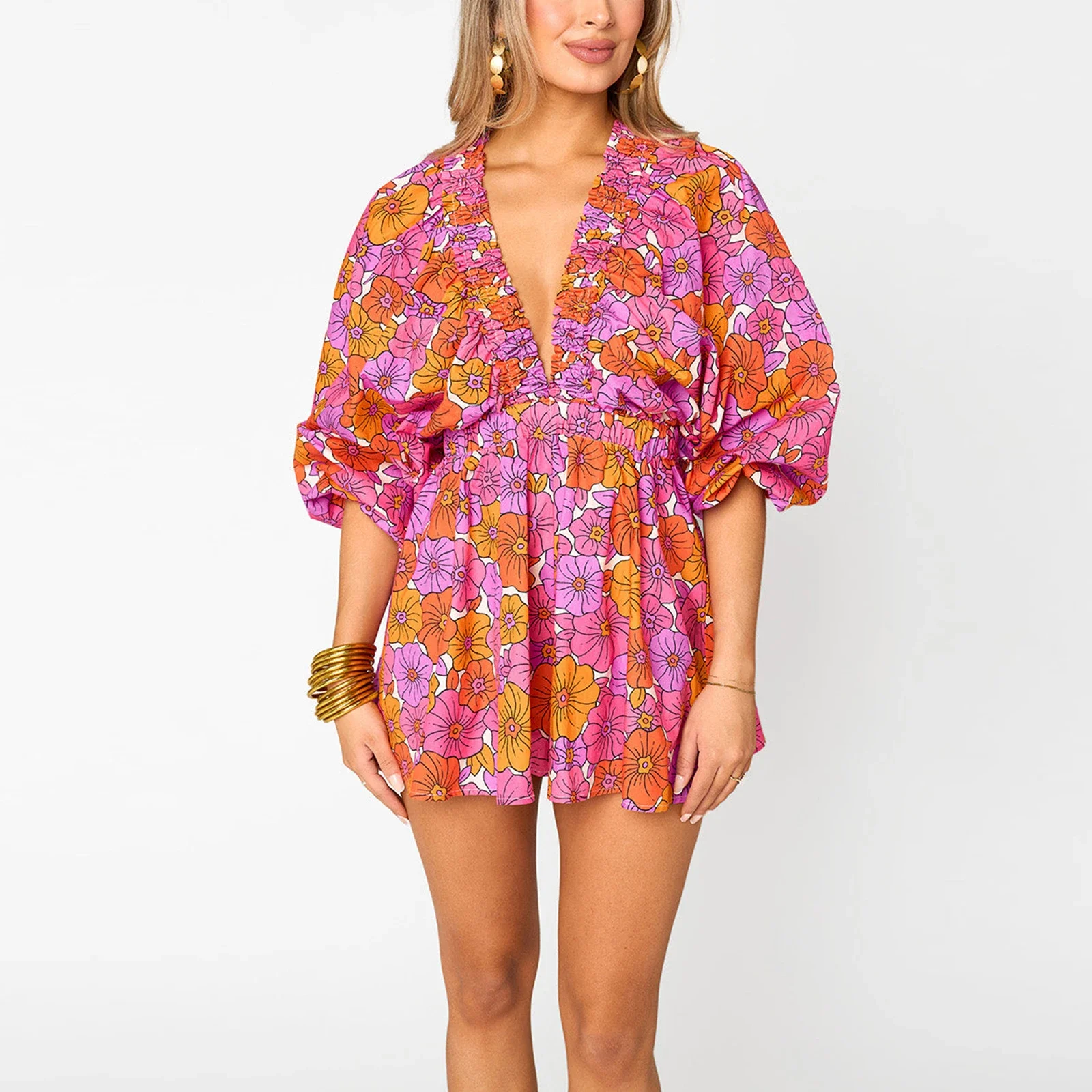 Combhasaki Zomer Boho Korte Jumpsuit Puff Lange Mouw Diepe V-Hals Streep/Bloemenprint Wijde Pijpen Gegolfde Flare Playsuit