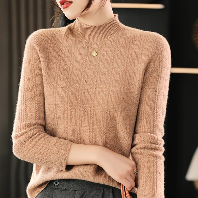 Fall/winter trendy single-line ready-to-wear 100% pure wool women's semi-high collar Waffle knitted cashmere sweater