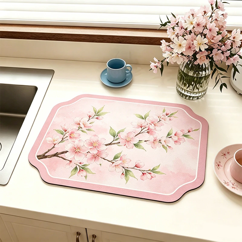VIKAMA Kitchen Drain Mat Pink Peach Blossom Watercolor Spring Dish Drying Mat Water Absorbent Quick Dry Anti Slip Soft