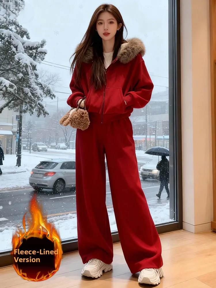 

Fashionable Street Style Women's Sportswear Set Winter Thickened Fleece Hooded Jacket And Wide Leg Pants Two-Piece Suit