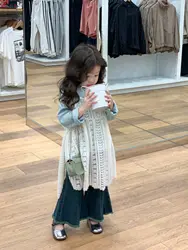 Korean Childrens Wear 2023 Autumn New Girls Stripe Bottom Shirt Lace Denim Pants Three Piece Set Fashion Girls