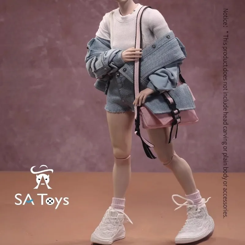 SA053 Muñeca femenina a escala 1/6, abrigo vaquero de verano, camiseta, pantalones cortos, calcetines, modelo de ropa para figuras de acción de 12 pulgadas, cuerpo AT203