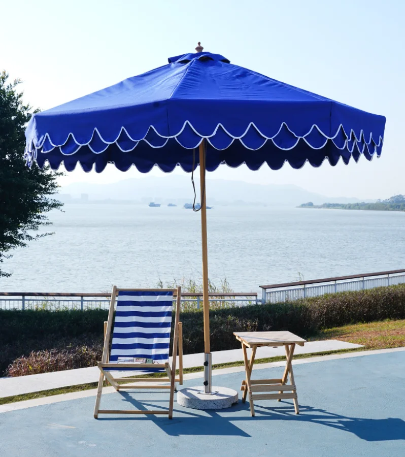 ※a Outdoor Vintage Retro Cafe Custom Logo Sun Shade Adjustable Polyester Pool Wood Scalloped Edge Patio Garden Beach Umbrellas