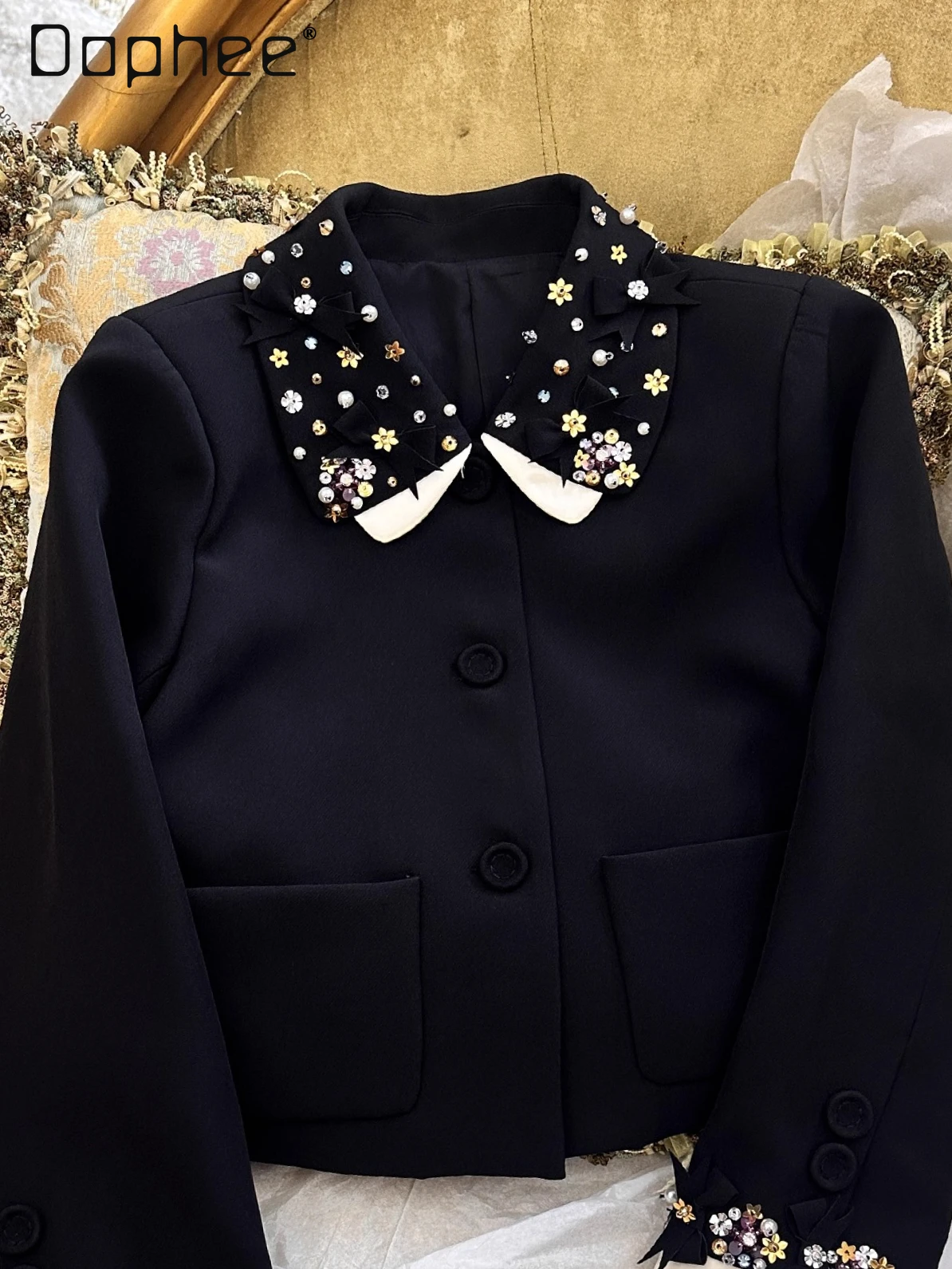 

Sweet Doll Collar Beaded Sequin Floral Heavy Craft Coat French Style Elegant Socialite Trendy Single-Breasted Loose Short Blazer