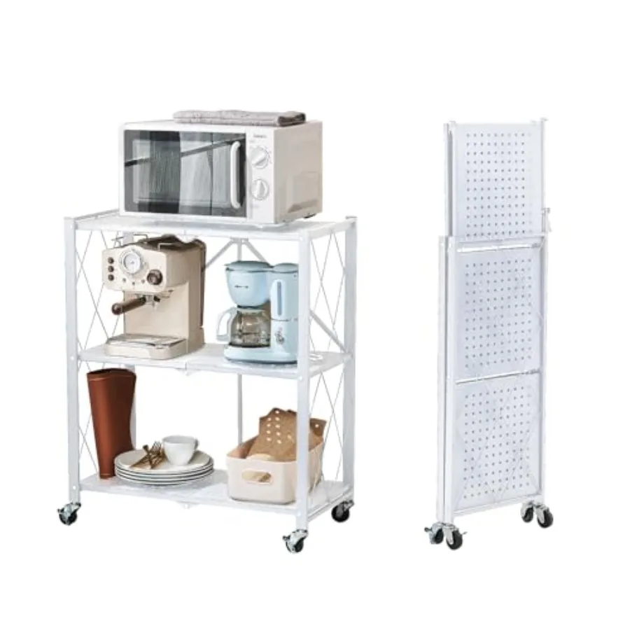 

Foldable Storage Shelves with Wheels No Assembly Folding Shelf Metal Rack Shelving Unit for Kitchen Garage