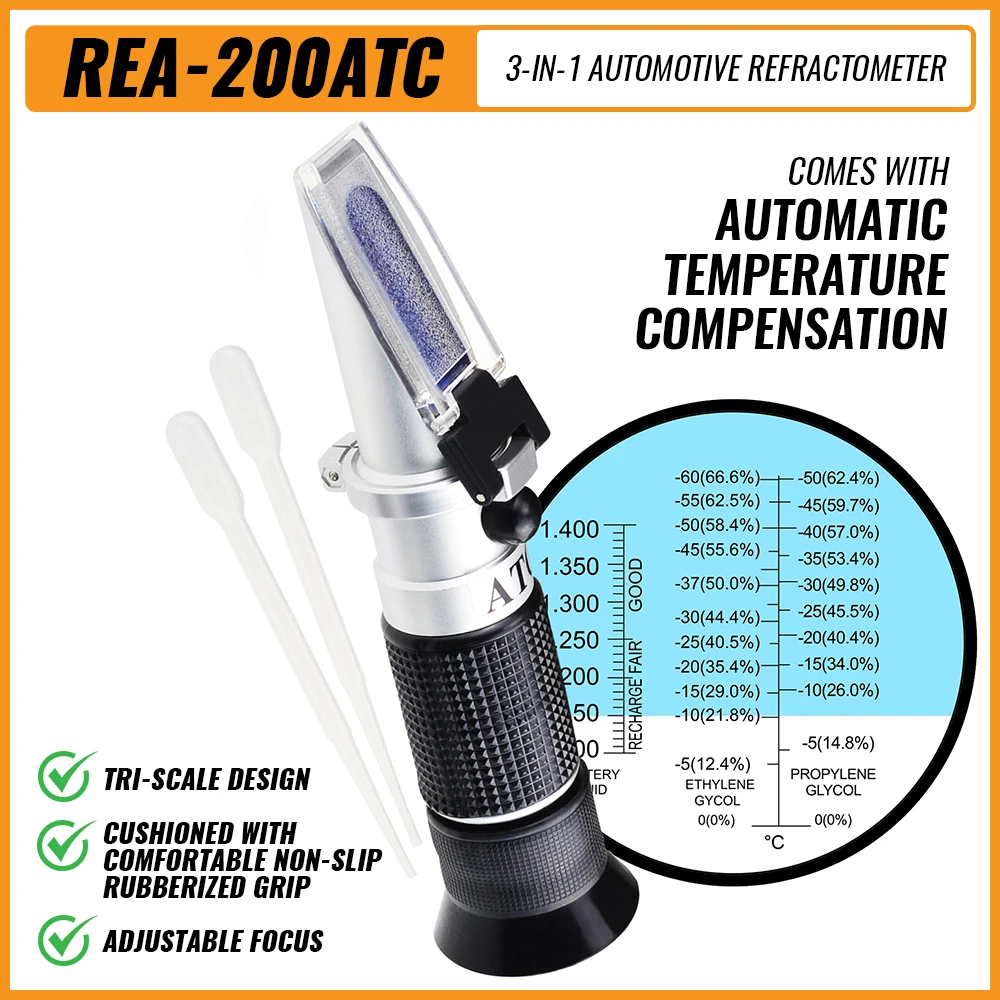 

3-in-1 Automotive Refractometer Battery Antifreeze Ethylene Propylene Glycol Battery Fluids Adjustable Focus ATC Non-slip Grip