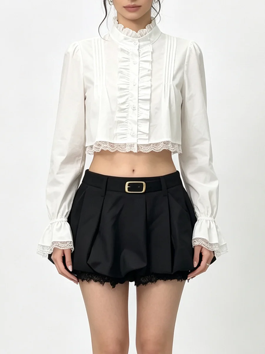 TWOTWINSTYLE Ruffle Spliced Lace Slimming Two Piece Sets for Women Stand Collar Long Sleeve Top High Waist Mini Skirt Set Female