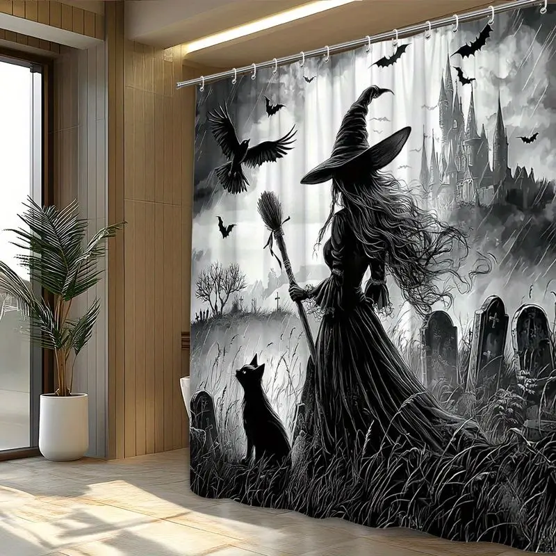 VIKAMA Witch Shower Curtain Gothic Castle Raven Black Cat Pattern Waterproof Bathroom Curtain Halloween Spooky Home Decoration