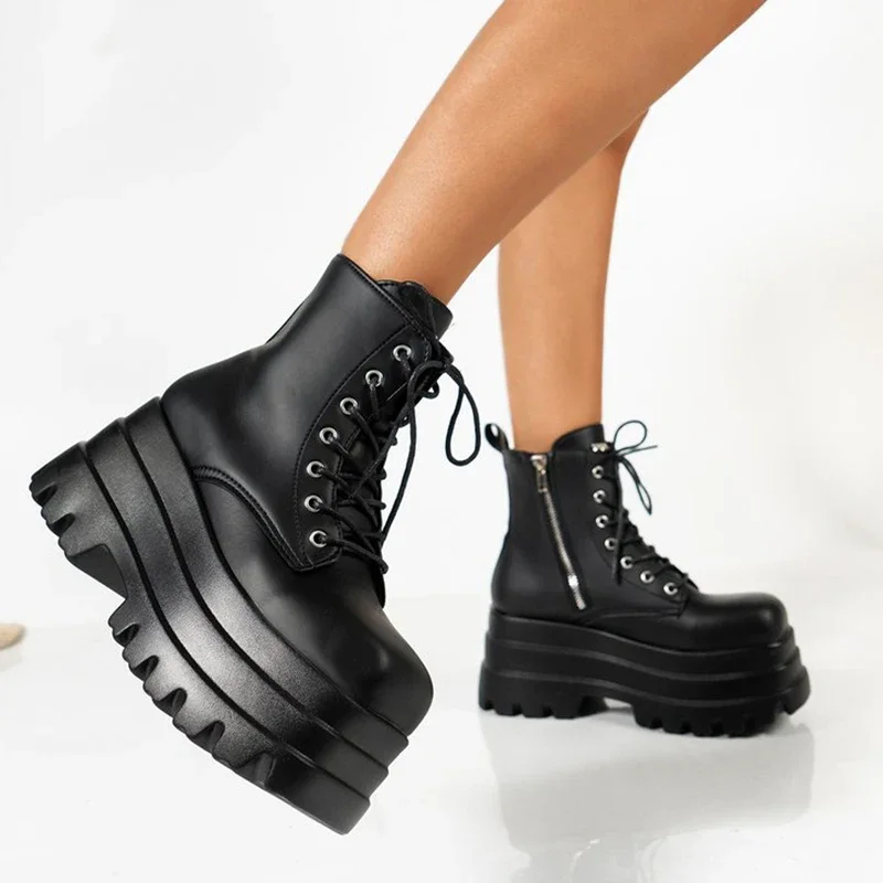 Gothic Chunky Platform Motorcycle Boots Women Autumn Winter Punk Combat Boots Woman Thick Bottom PU Leather Ankle Botas Mujer