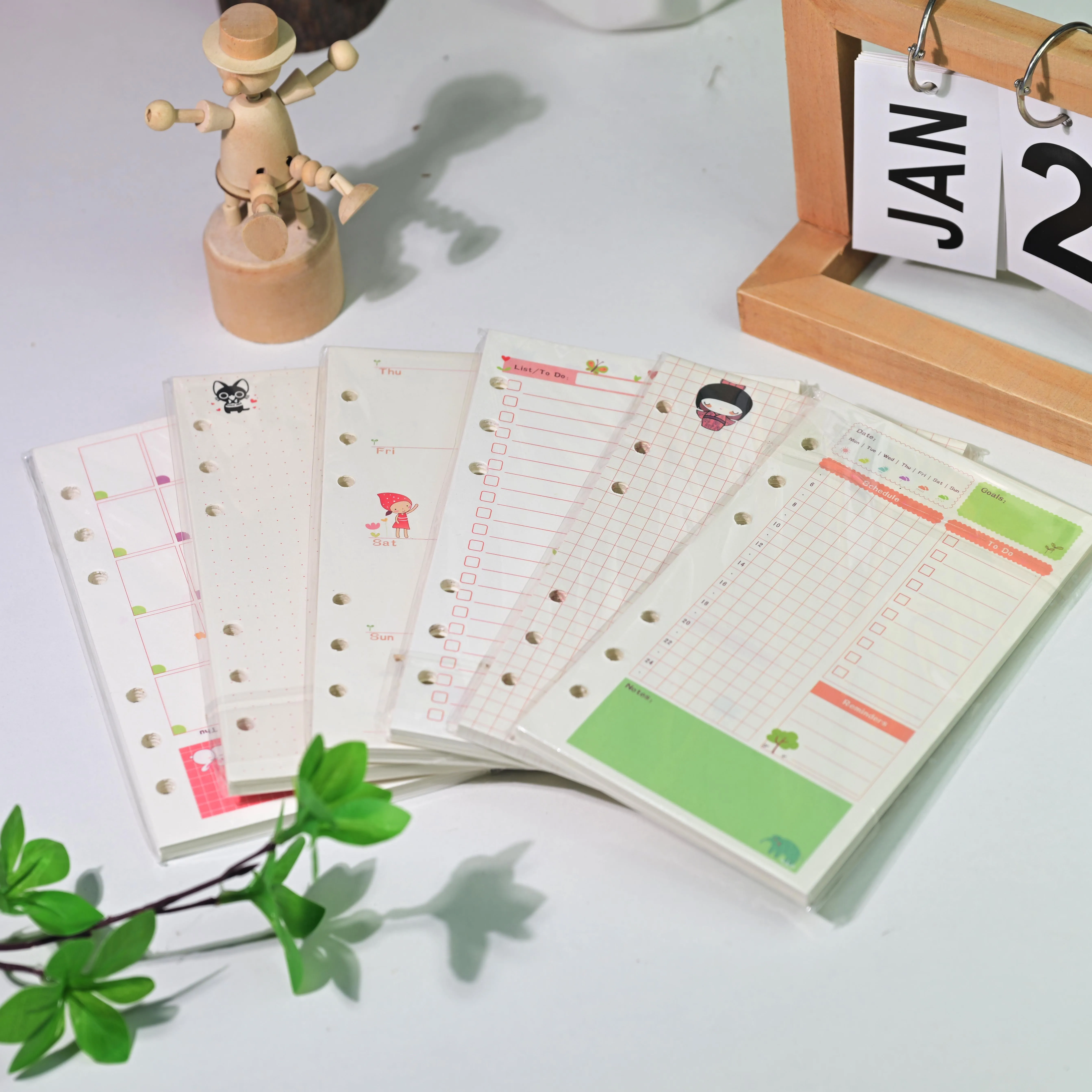 A6 6-Hole Cute Planner Refills 45 Sheets, 6 Styles Kawaii Animal Girl Loose Leaf Inserts, Weekly Monthly Grid Dot To Do Bookmark