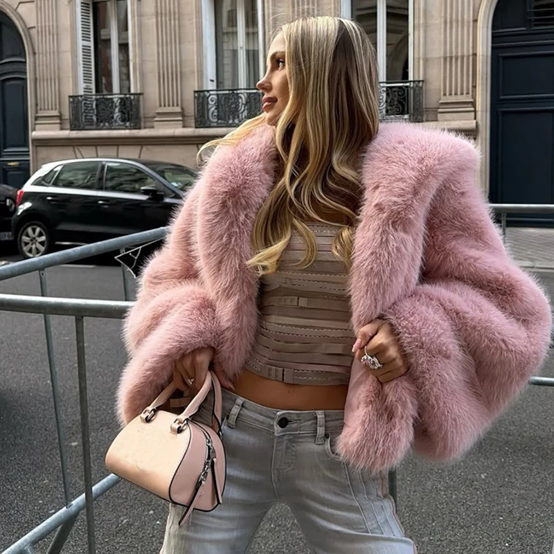 2026 Winter Women Hooded Cropped Faux Fur Coat Fashion Fluffy Fox Fur Jacket High Quality Solid Girls Cardigan Short Overcoat