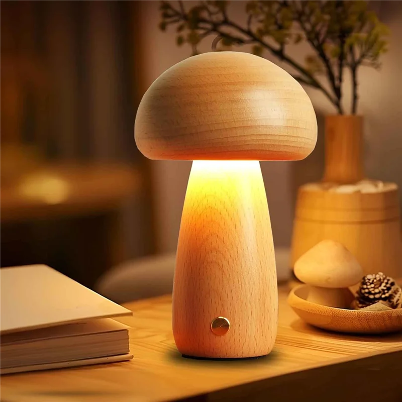 IALJ-Madeira criativa forma de cogumelo luz noturna lâmpada de mesa de cabeceira stepless escurecimento 3 cores recarregável luz de dormir nightlig