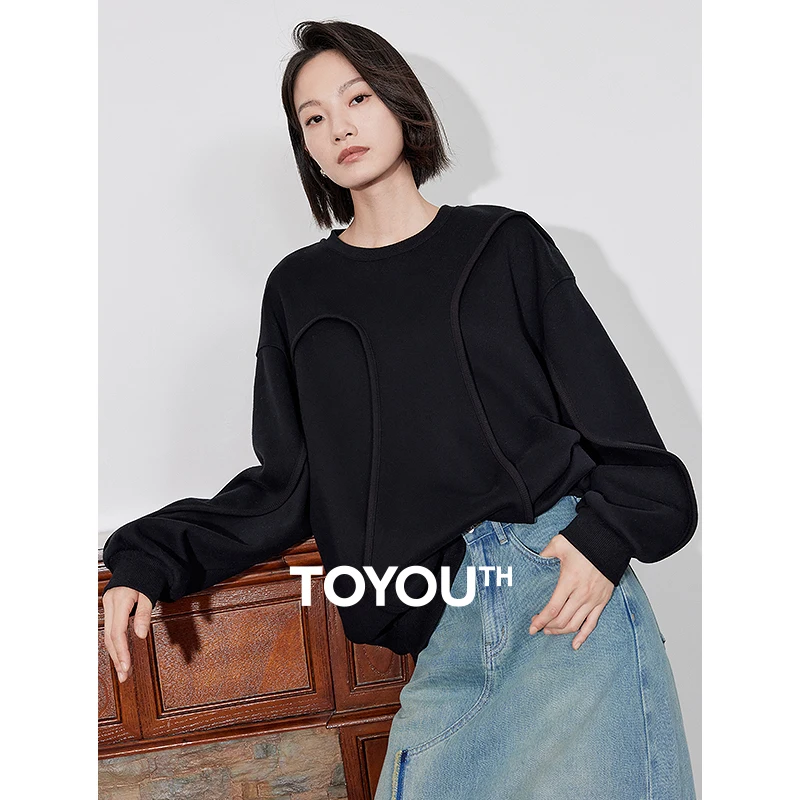 TOYOUTH Women Fleece Hoodies Sweatshirt 2024 Autumn Winter Trendy Lazy Style Thicking Warm Round Neck Pullover Tops Black