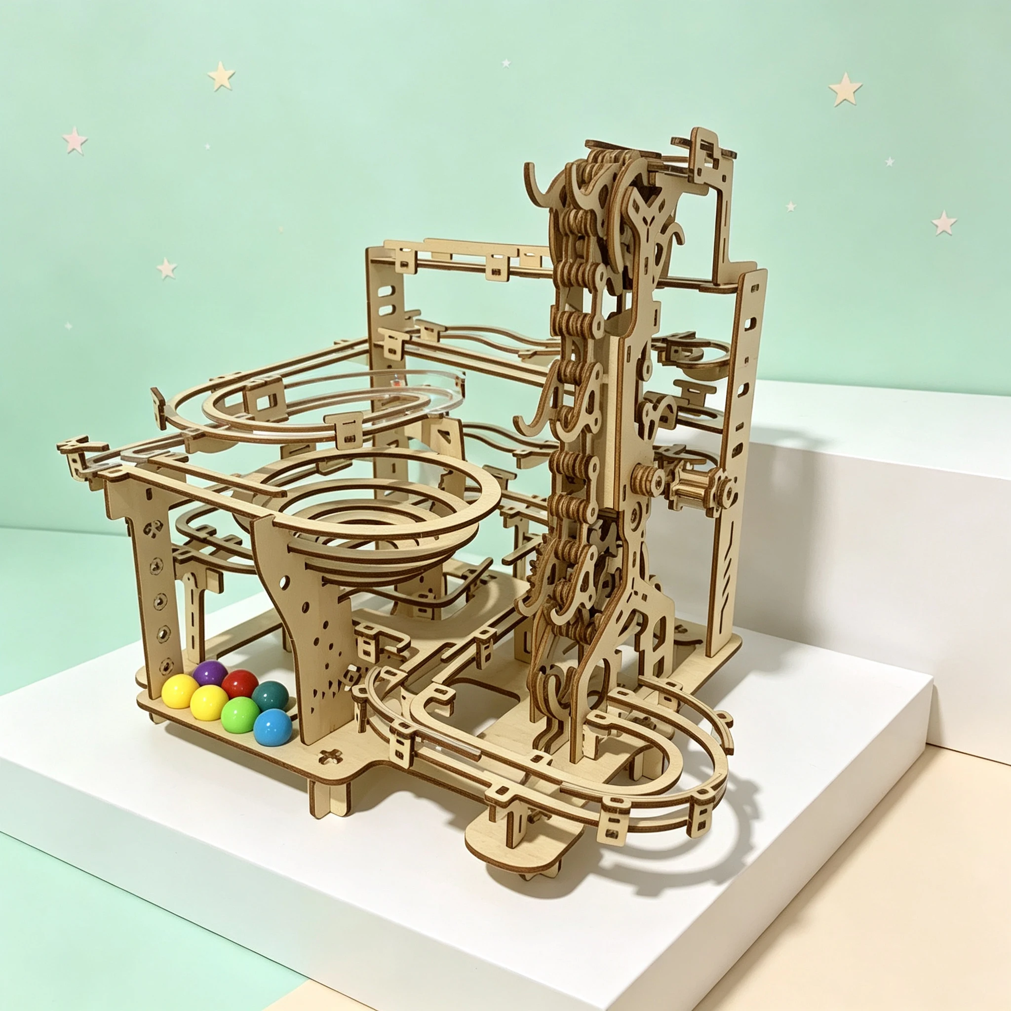 3D Wooden Puzzle Marble Run Track Kit, DIY Laser‑Cut Mechanical Ball Coaster Model, Hand‑Crank Marble Maze Building Set,