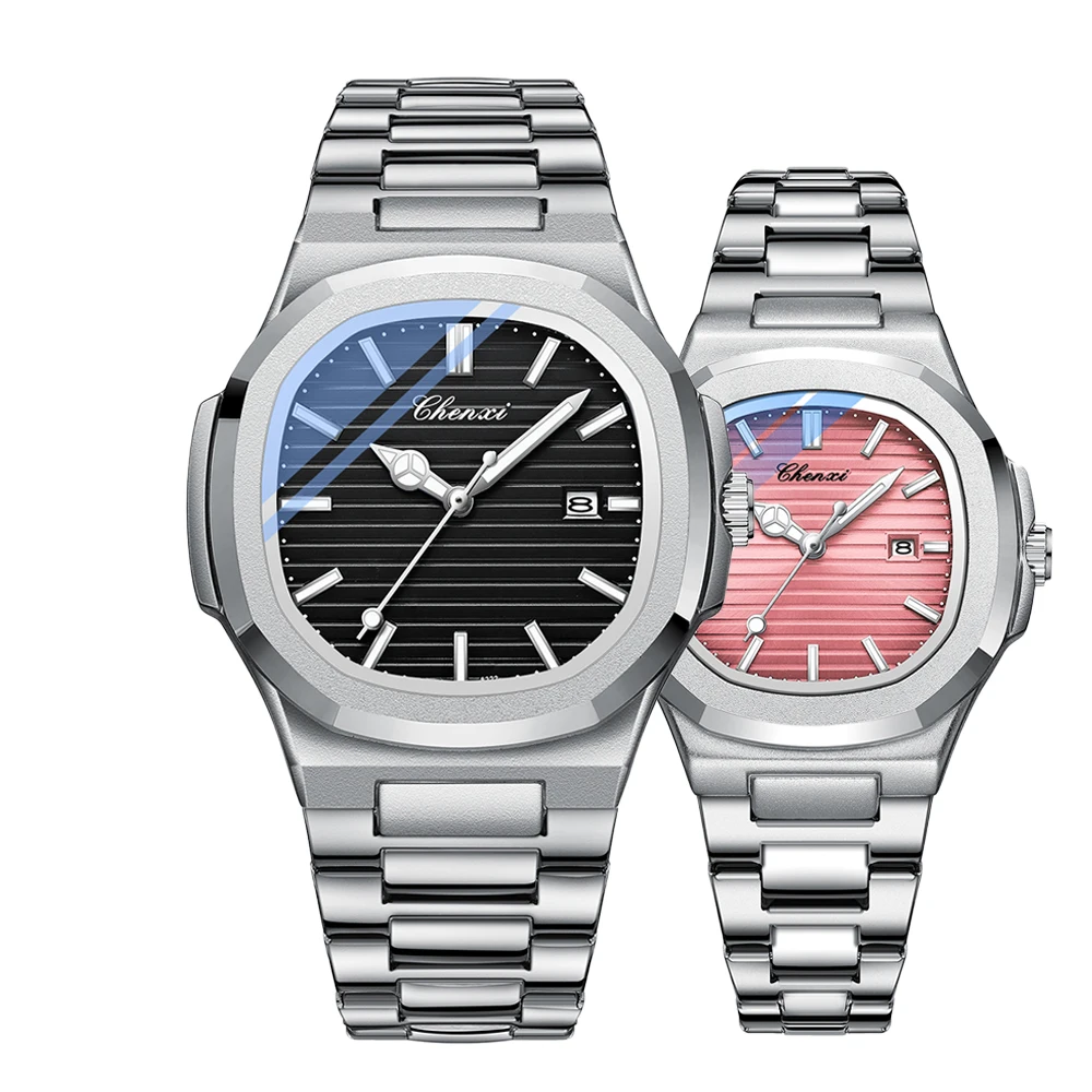 CHENXI Silver Steel Band Couples Watch Fashion Waterproof Luminous Calendar Quartz Men's and Women's Wristwatches Couple Gifts