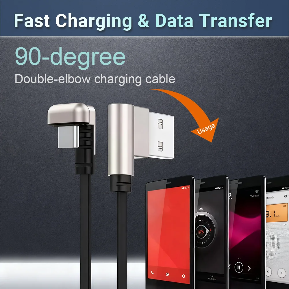 90 °   كابل شحن بزاوية 15 وات USB إلى C كابل ألعاب شحن سريع من سبائك الزنك لكابل شحن Xiaomi Huawei OPPO OnePlus