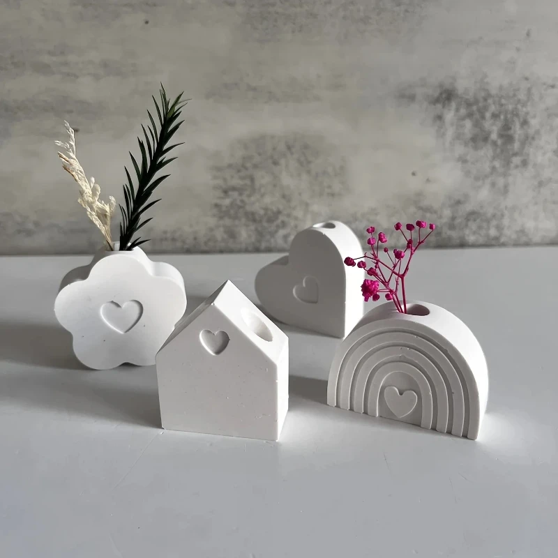 1/4pcs Silicone Vase Molds for DIY Crafts-Rainbow House&Heart-Shaped Flower Designs,Durable & Flexible for Plaster, Resin Art