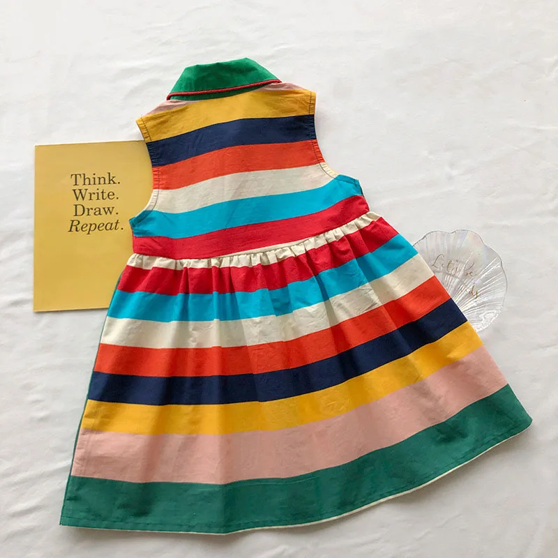 2-8T Rainbow Girls Striped Dress Elegant Toddler Kid Baby Girl Summer Clothes Sleelveless T Shirt Dress Streetwear Outfit