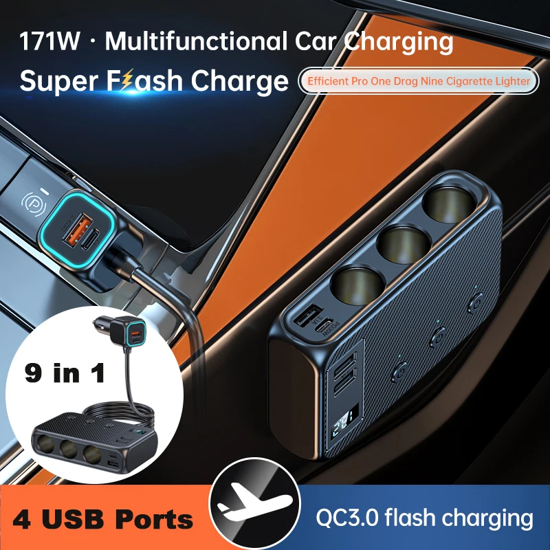 

Автомобильное зарядное устройство USB на 7/9 портов, быстрая зарядка, зарядное устройство для телефона, адаптер прикуривателя с PD 30 Вт/QC 3,0, аксессуары для интерьера автомобиля