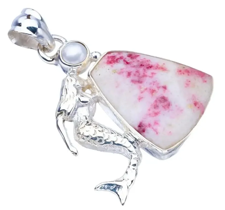 

Hesy® Natural Rhodonite River Pearl MermaidHandmade 925 Sterling Silver Pendant 1.5" F3795