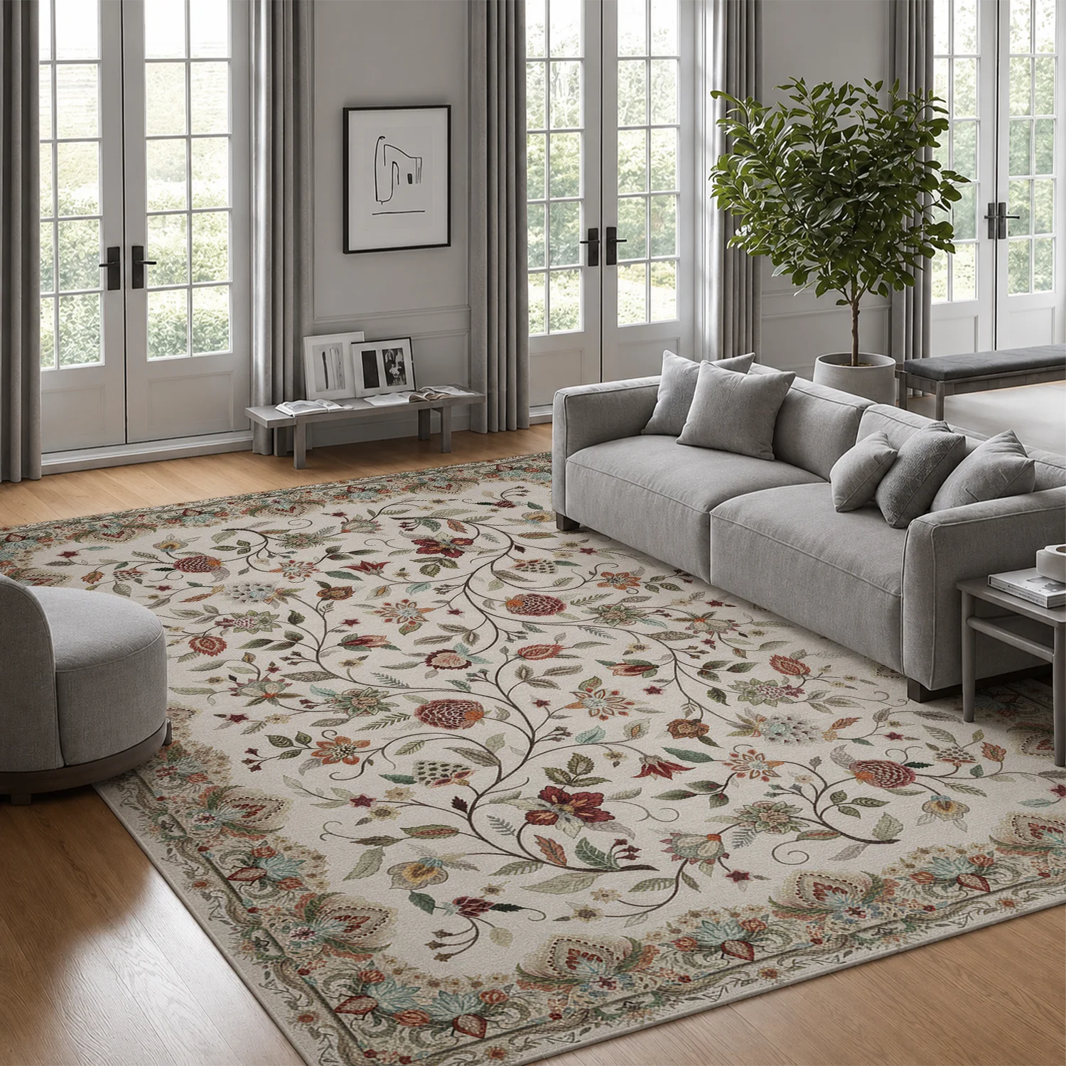 Large Indoor Area Rug, Soft Velvet Low Pile with Non-Slip Dotted Backing, Machine Washable Vintage Botanical Floral Vine Rug, Cream Base Warm Muted Tones for Living Room, Bedroom Home Decor