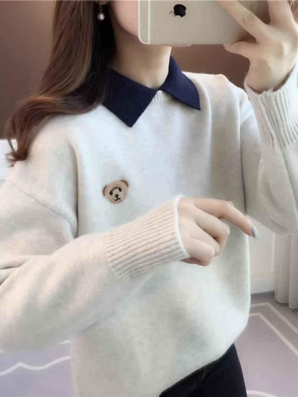 

Thickened Baby Collar Sweater Loose Outerwear for Girls Autumn Winter New Arrival High School Students Can Wear It Knitted Shirt