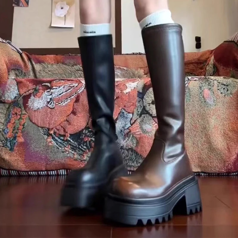 جديد أحذية عالية النساء أحذية منصة عالية الكعب تشيلسي أحذية امرأة شتاء 2025 الاتجاه القوطي أحذية من الجلد مكتنزة الثلوج بوتاس Mujer #1