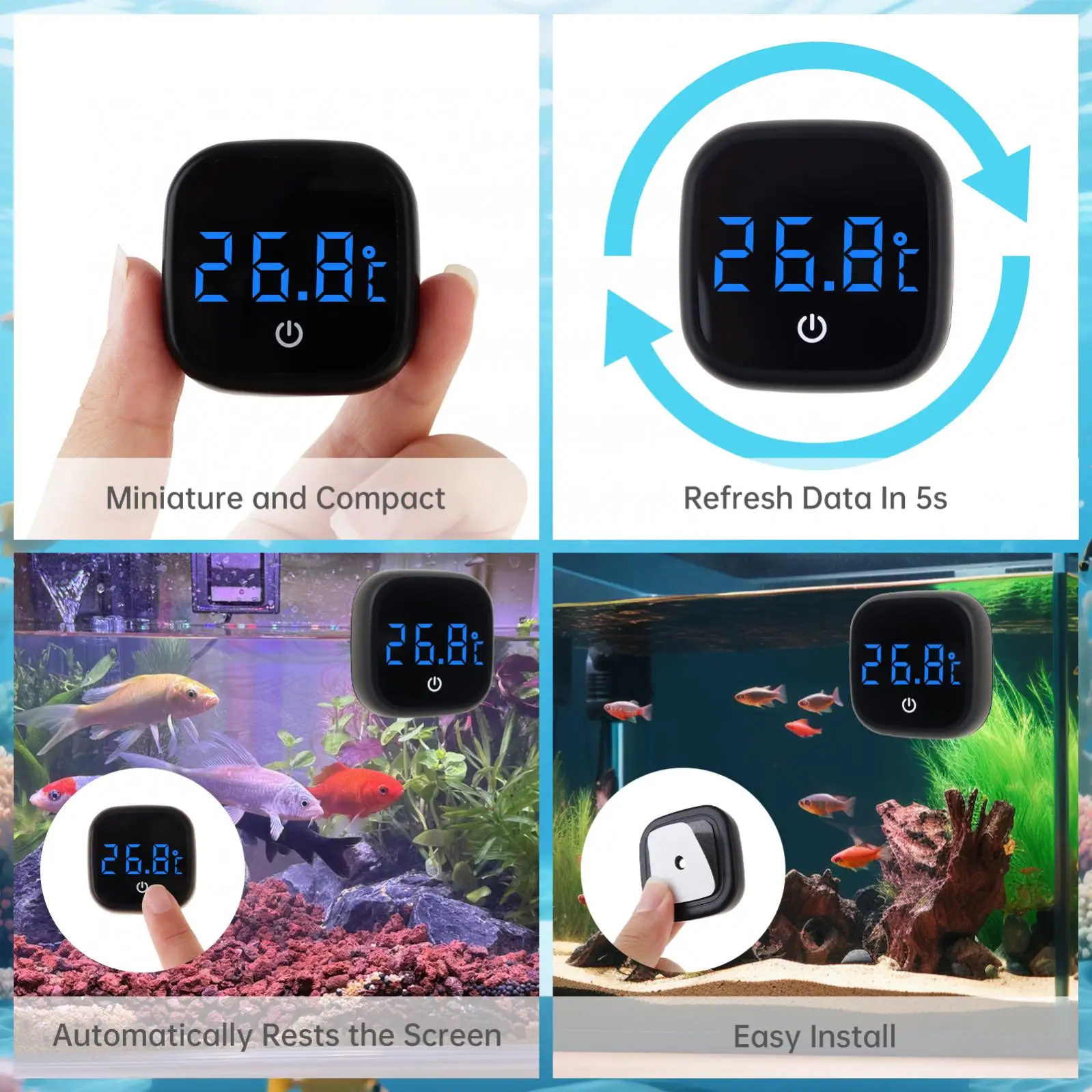 Cordless Digital Thermometer Square Display Degree Celsius White Black LED Fish Tank Temperature Gauge view 4