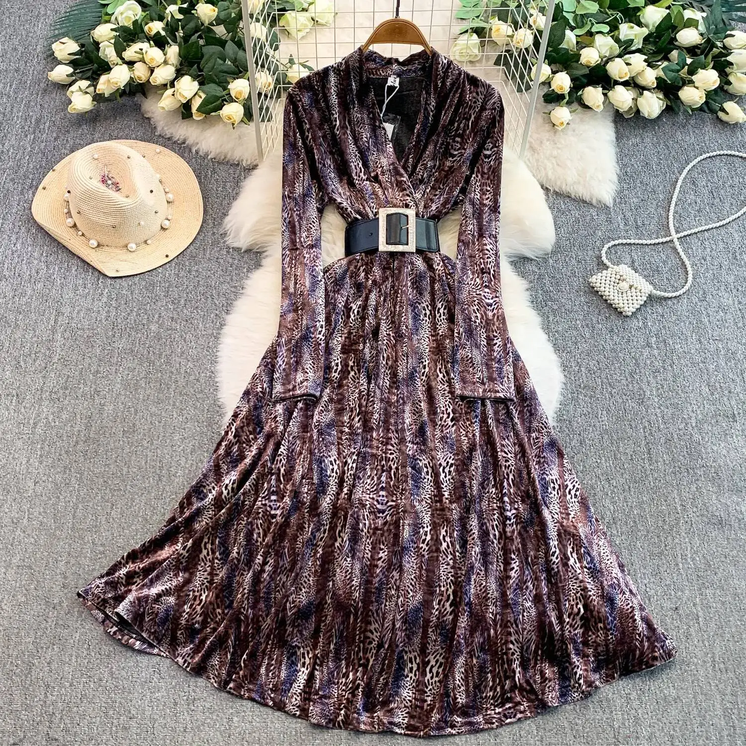 Chic vintage velour leopard slim dress Elegant Fairy korean fashion sundress autumn women clothing