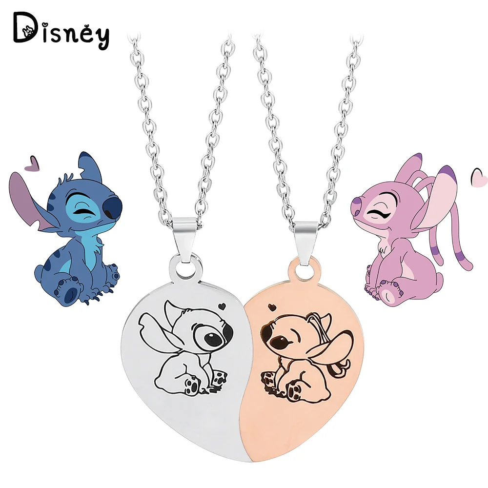 Disney Lilo & Stitch Necklace Stainless Steel Magnetic Attraction Cute Figure Stitch Heart Pendant Neck Chain Lovers Jewelry