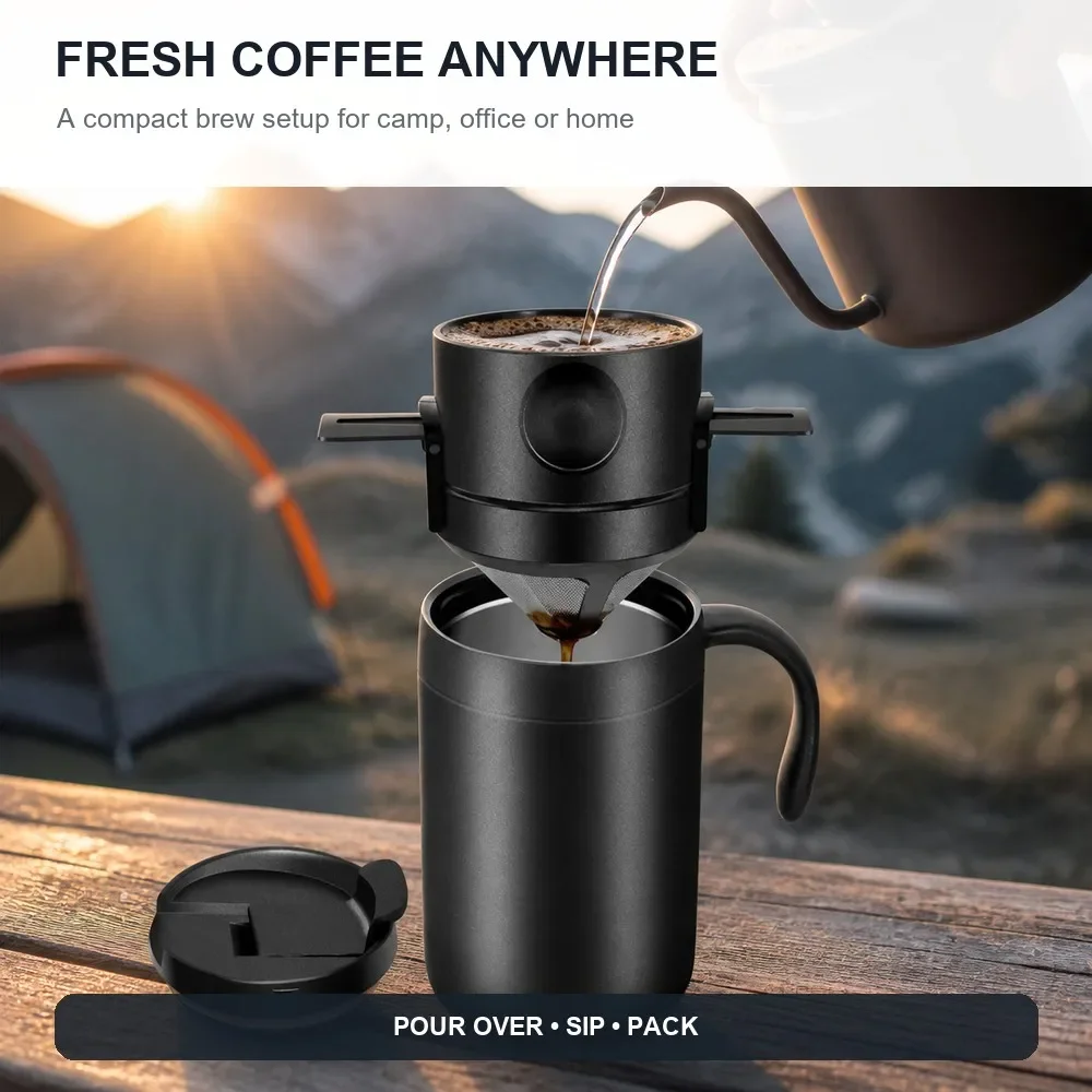 Stainless Steel Coffee Travel Mug With Foldable Metal Filter Dripper And Flip Lid Portable Hand Brew Set For Outdoor Use 06