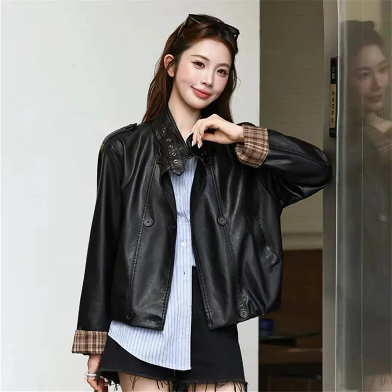 Autumn Korean Women Casual Short Faux Pu Leather Jacket Stand Collar Double-Breasted Long Sleeve Check Cuffs Female Biker Jacket