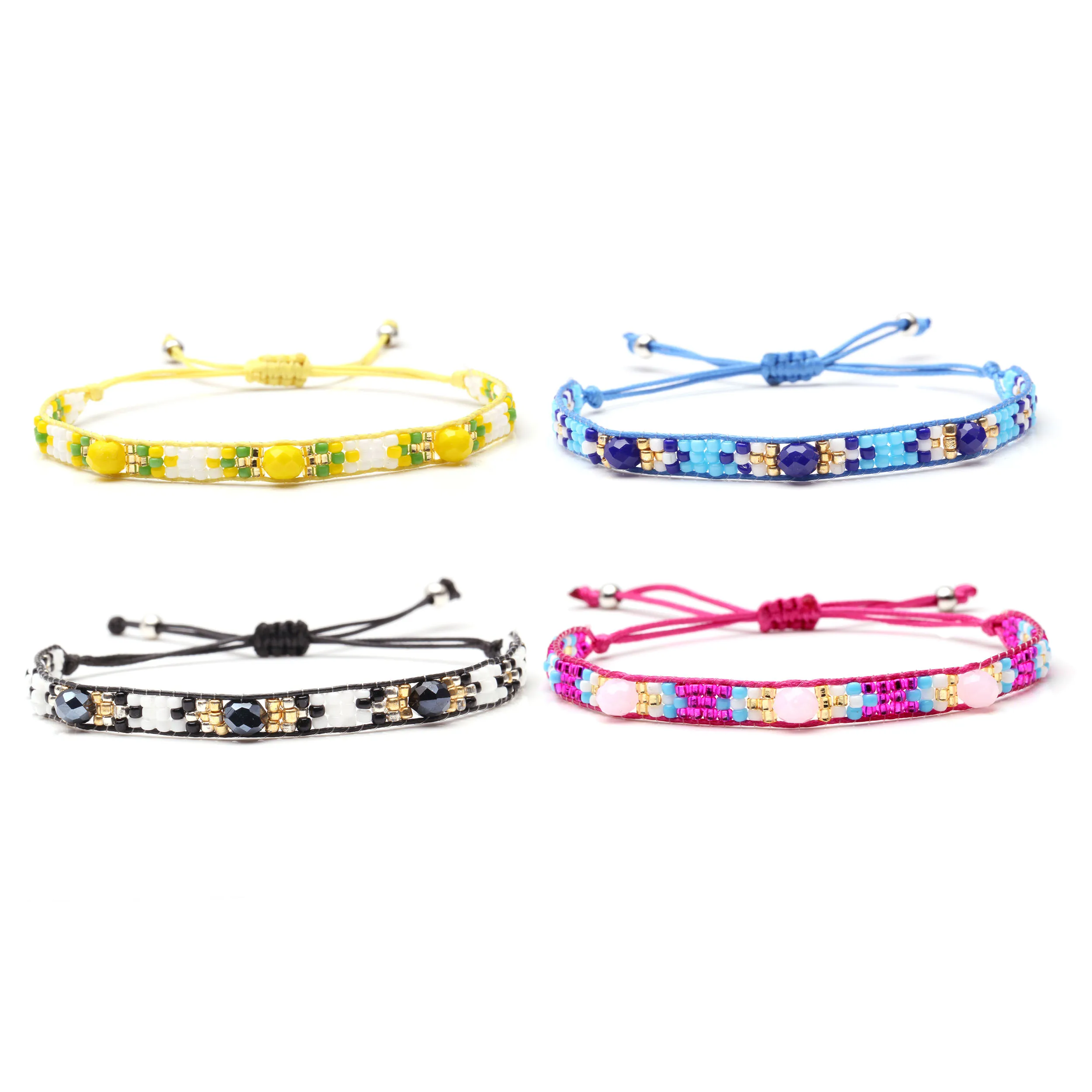 Bohemian Miyuki Glass Seed Bead Crystal Woven Bracelet Handmade Multicolored Beads Waxed String Handmade Single Wrap Jewelry Her