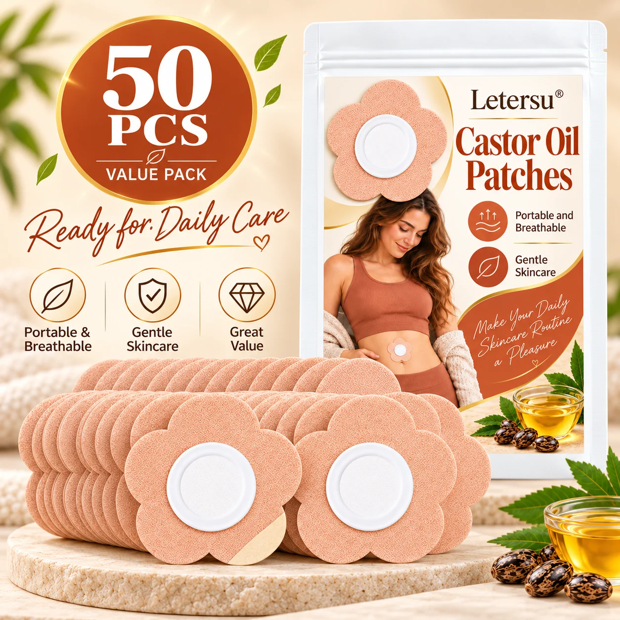 50PCS Castor Oil Body Patches, Flower Shape Belly Care Pads, Portable Breathable Skin Care Stickers for Daily Routine