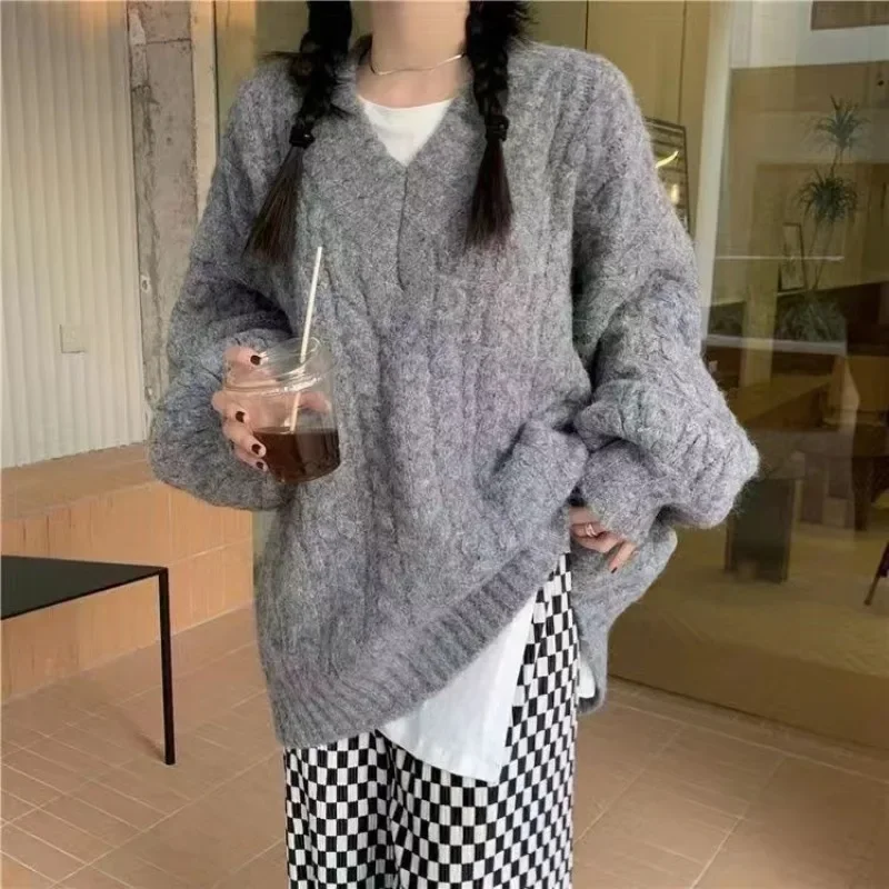 Winter Strick pullover Frauen koreanische Mode einfarbig übergroße Pullover weiblich lässig lose Langarm V-Ausschnitt y2k Kleidung